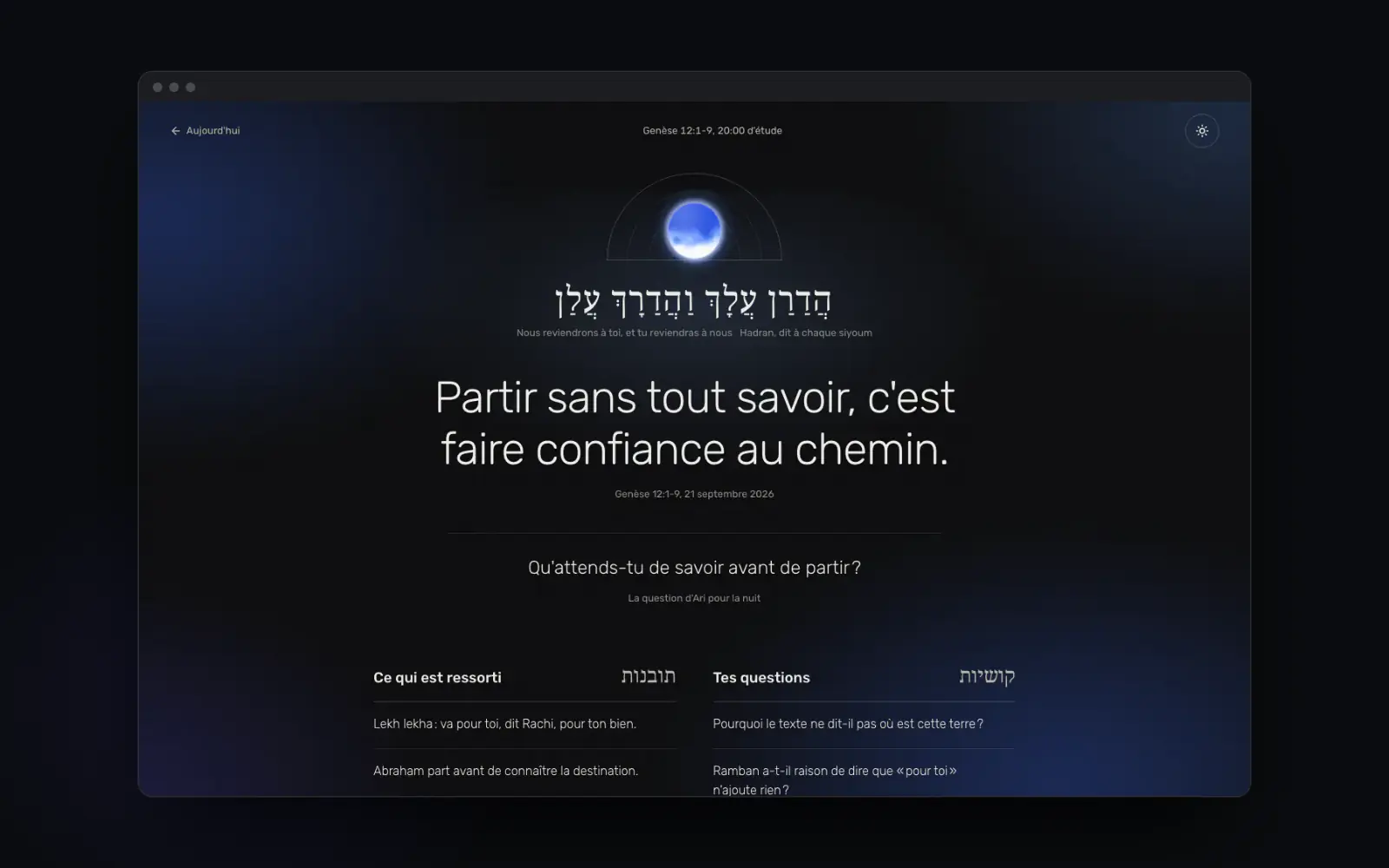 La fin d'une session : le 'hidouch écrit en grand sous la lumière d'Ari, et la question pour ce soir.