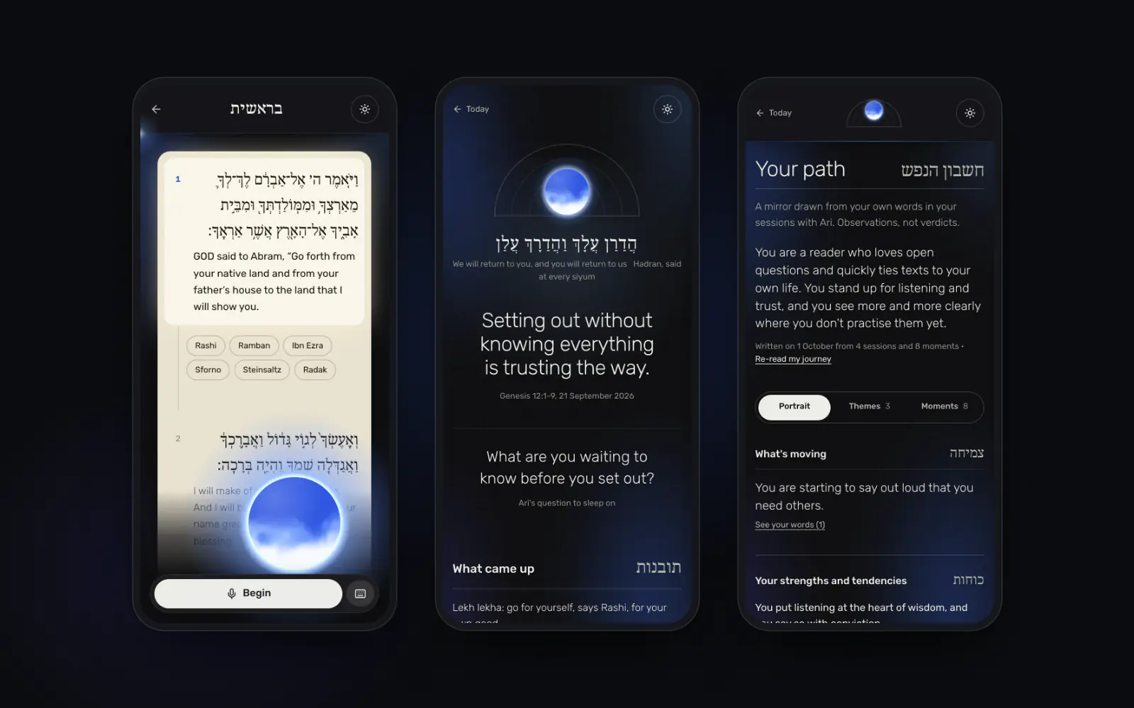 Three app screens side by side: the session on the verse, the chiddush kept at the end of the session, and Your path.