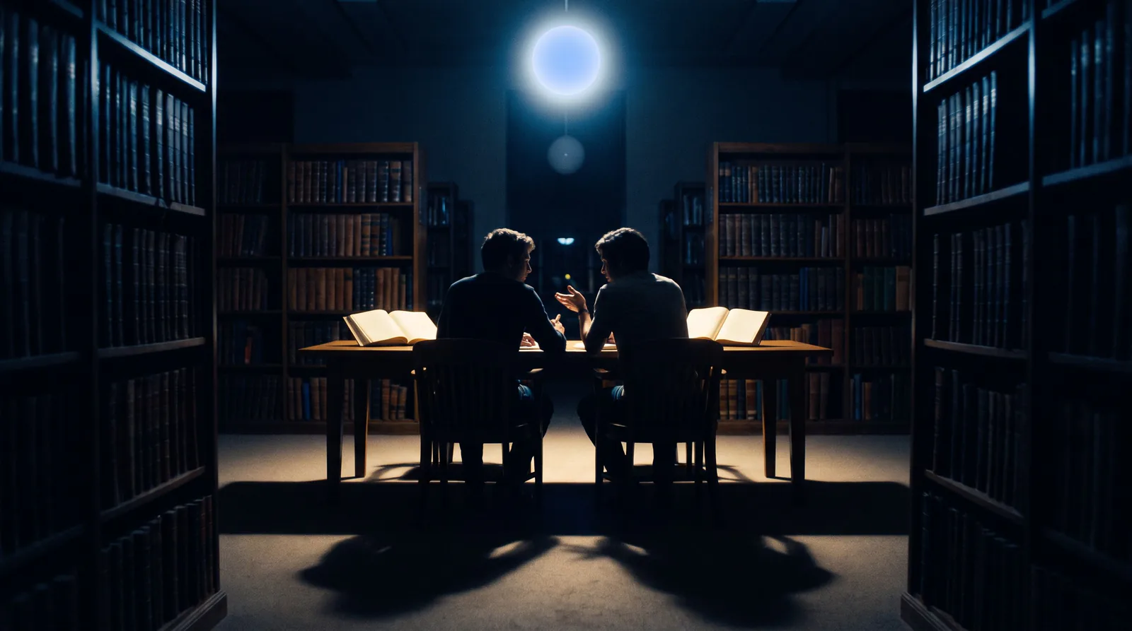 Two study companions seen from behind at a table between shelves of books, at night, under a blue light.